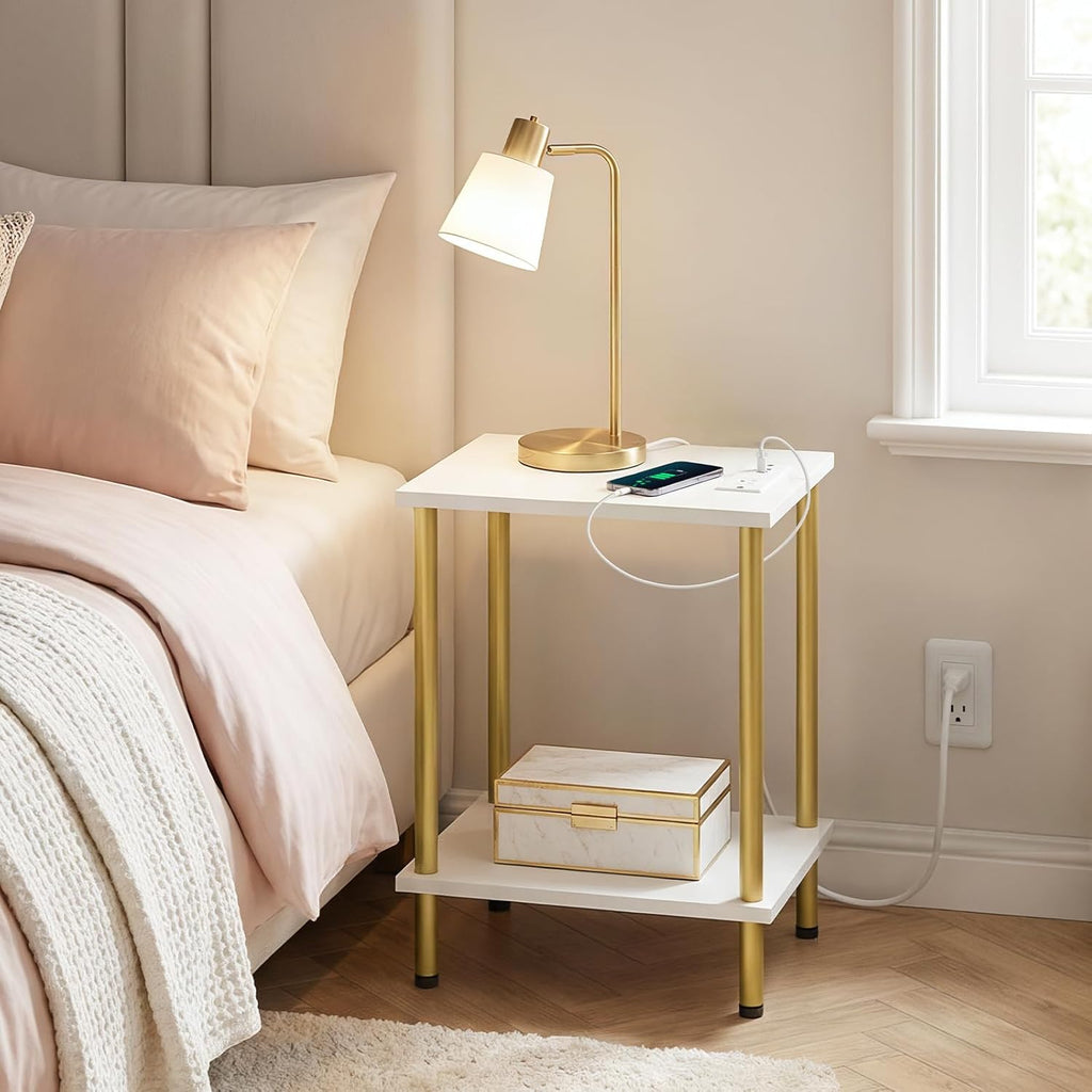 HOOBRO Side Table with Charging Station, End Table with USB Port and Outlet, Nightstand with 2-Layer Storage Shelves for Small Spaces, Living Room, Bedroom, Stable Frame, White and Gold DW09UBZ01