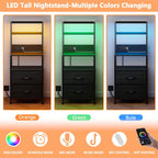 Furnulem Nightstand, Tall Night Stand & Bedside Table with Charging Station | RGB LED Light & USB Ports & type-C, 2 Fabric Drawers and 4-Tier Shelves Bedside End Table for Bedroom Dorm Storage, Black Oak