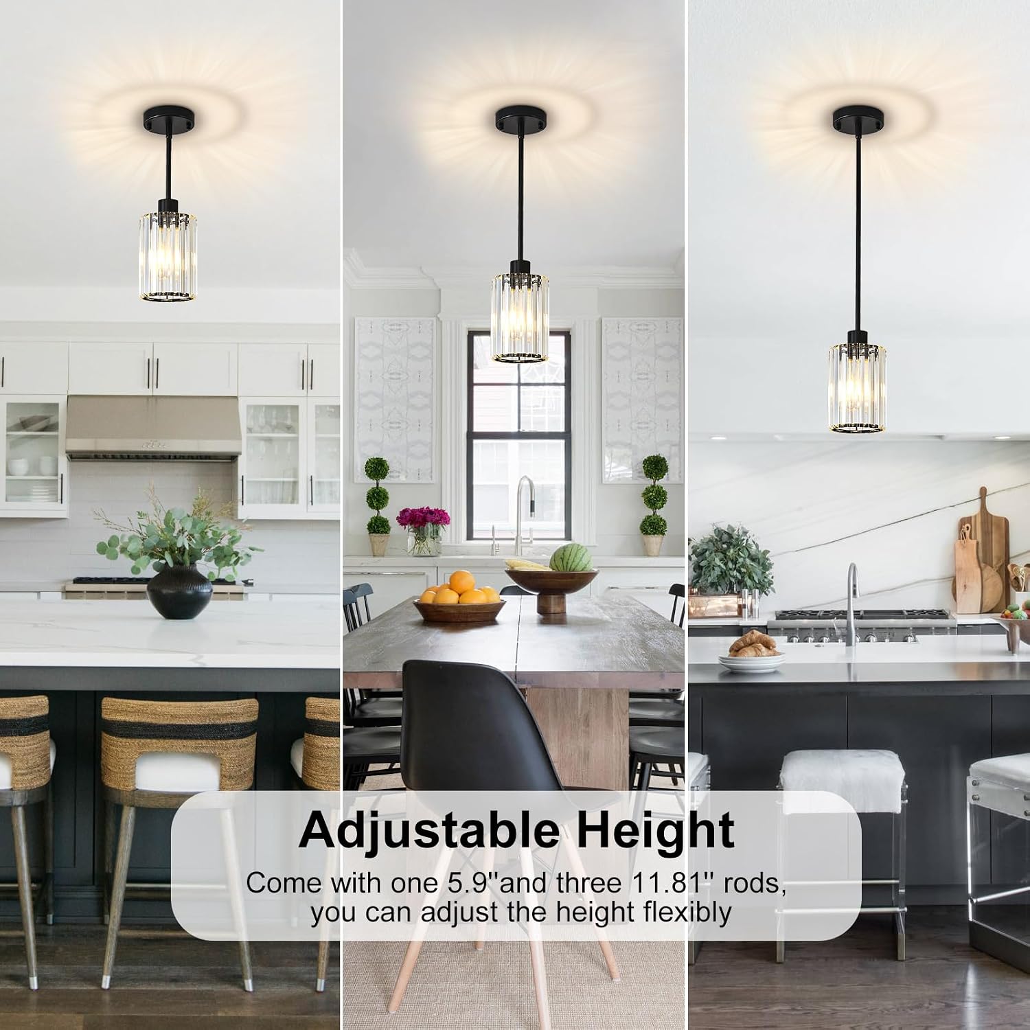 Crystal Pendant Lights Kitchen Island, 3 Pack Black Kitchen Pendant Lighting Over Island, 1-Light Mini Modern Hanging Lights for Kitchen Island, Dining Room, Hallway, Foyer, Entryways