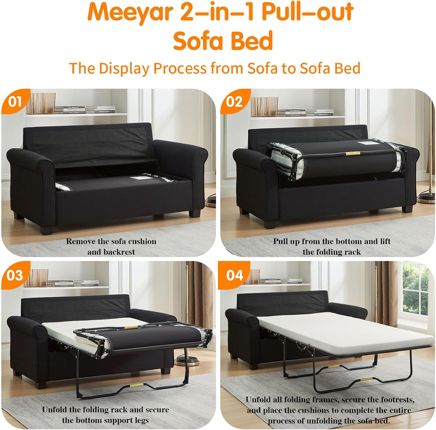 Pull Out Sofa Bed with Mattress, 57" Convertible Sofa Bed Loveseat, Twin Sleeper Sofa Couch with Pocketed Coil Seating, Upholstered Fabric Sofa Bed for Small Spaces,Black