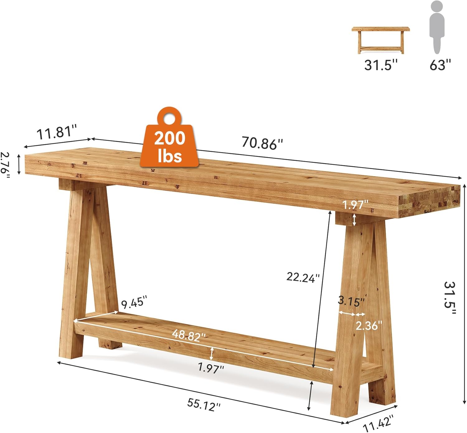 70.9-Inch Solid Wood Console Table for Entryway, Farmhouse Long Sofa Table with Shelves for Living Room, Hallway, Foyer, Easy Assembly