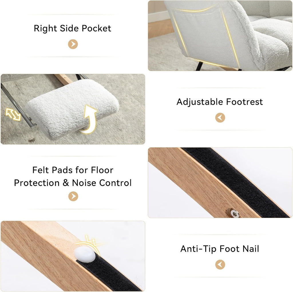 Teddy Fabric Leisure Rocking Chair with Adjustable Footstool – High Backrest Nursery Rocking Chair in Ivory, Solid Wood & Metal Base for Living Room, Bedroom & Baby Room