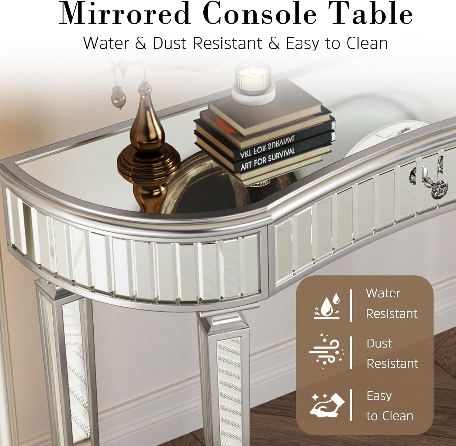 Half-Moon Mirrored Sofa Table with Storage, Semi Circle Entryway Console Table with Fluted Glass & Crystal Knob Drawer,Modern Sofa Table Behind Couch for Living/Dressing Room,Hallway Foyer, Silver