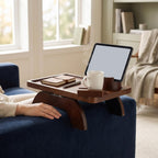 AUNMAS Sofa Arm Tray, Pine Material No Slip 3 in 1 Foldable Wood Couch Armrest Table with Cup Holder Rotating Phone Stand for Dining Watching TV (Brown)