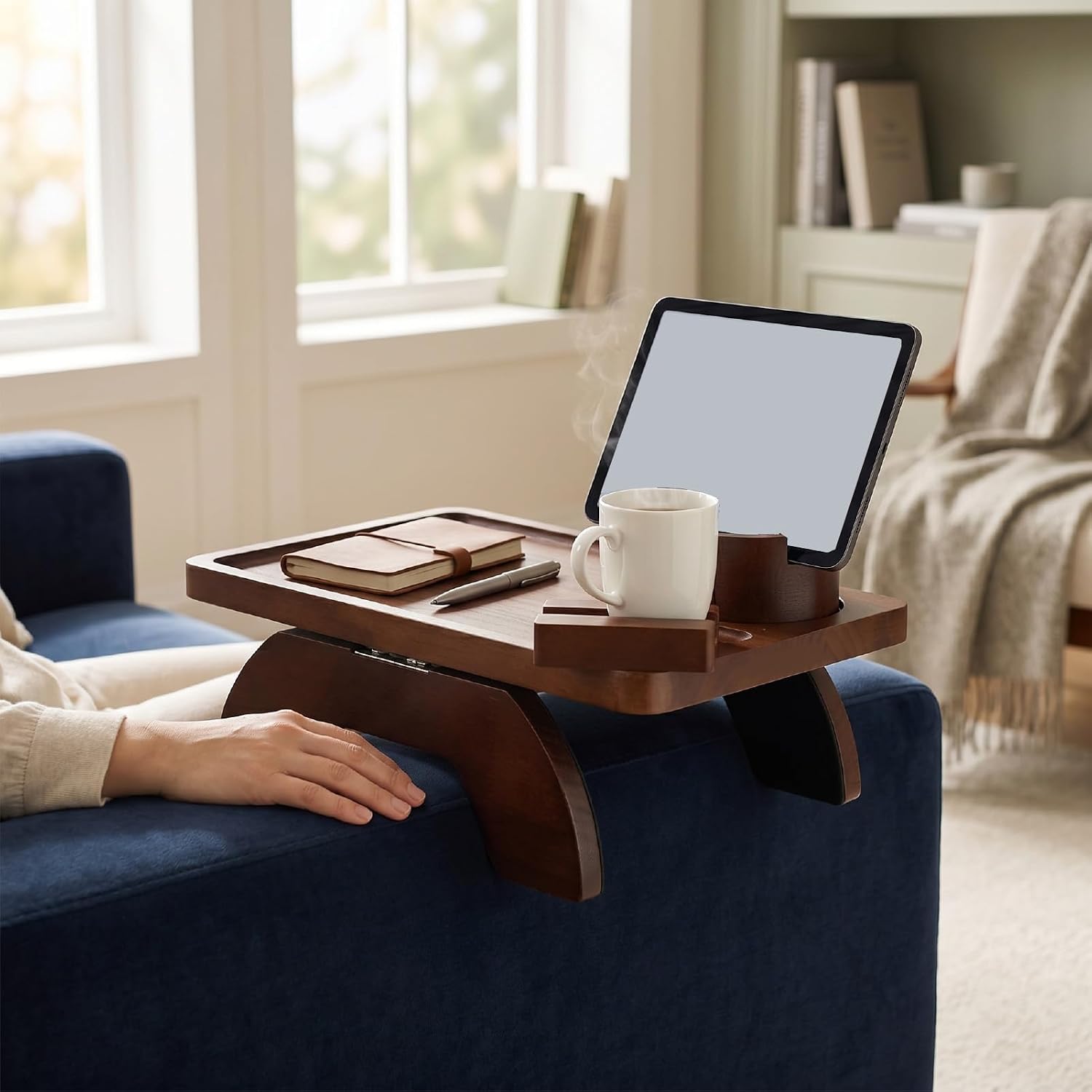 Cryfokt Couch Cup Holder Tray, Large 15.4x9.9 Inch Foldable Sofa Arm Table with 360 Rotating Phone Stand, for Living Room Snacks and Drinks (Brown)