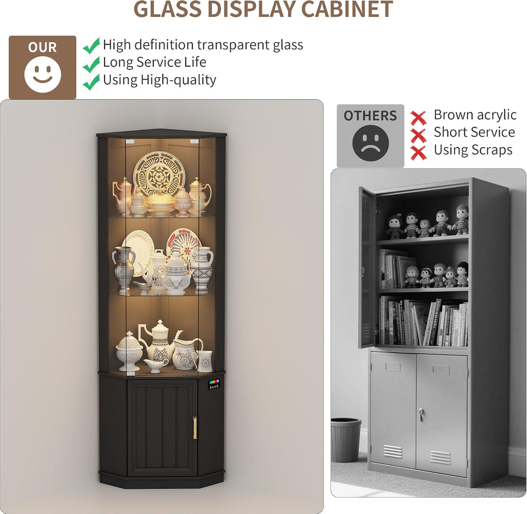 69" Corner Glass Display Cabinet with Human Body Sensor,3-Tier Movable Glass Shelves,Curio Display with RGB Lights,Bookcase with Storage Cabinet for Toys,Books,Collectibles,Liquor,Black