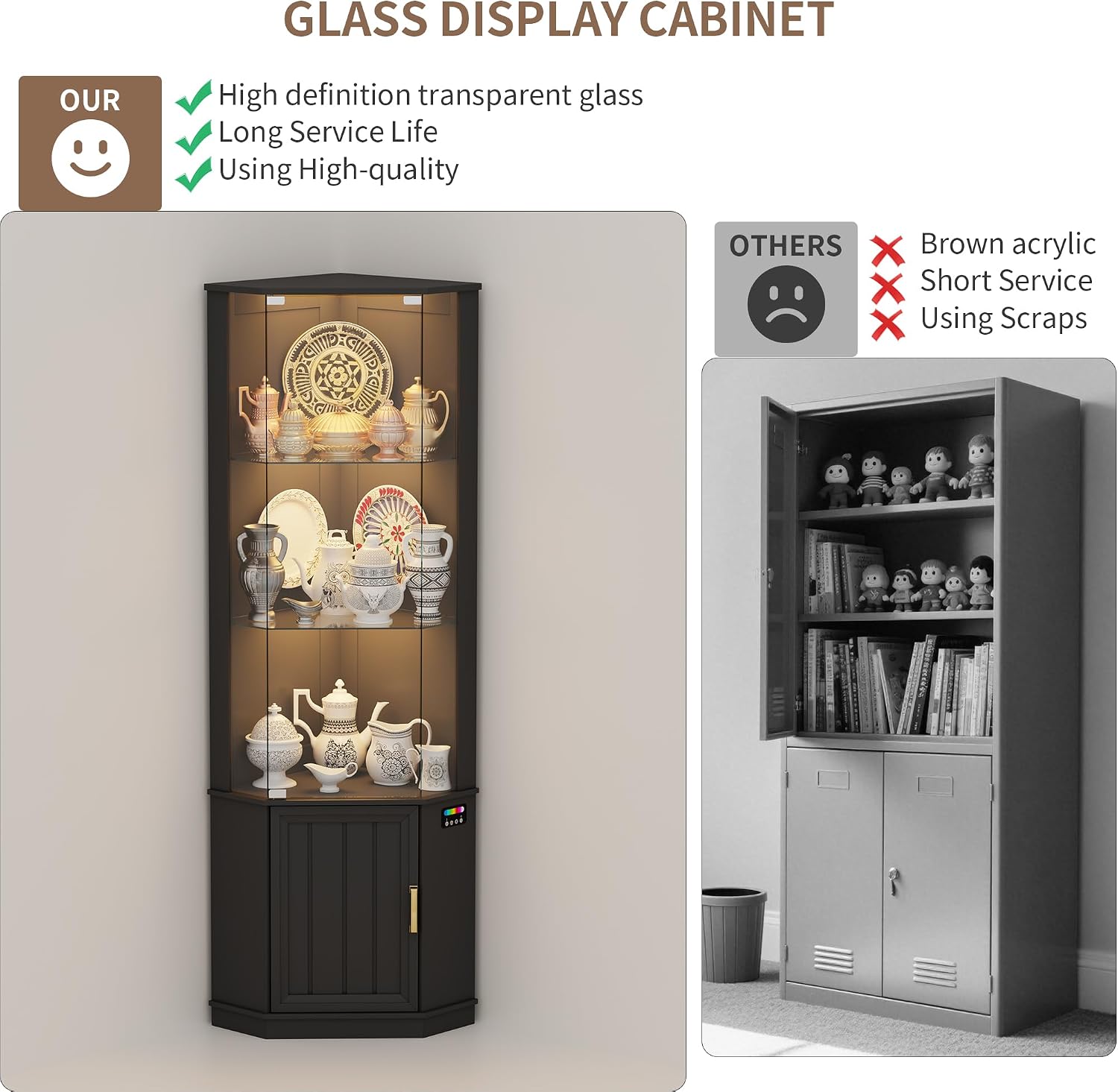 69" Corner Glass Display Cabinet with Human Body Sensor,3-Tier Movable Glass Shelves,Curio Display with RGB Lights,Bookcase with Storage Cabinet for Toys,Books,Collectibles,Liquor,Black