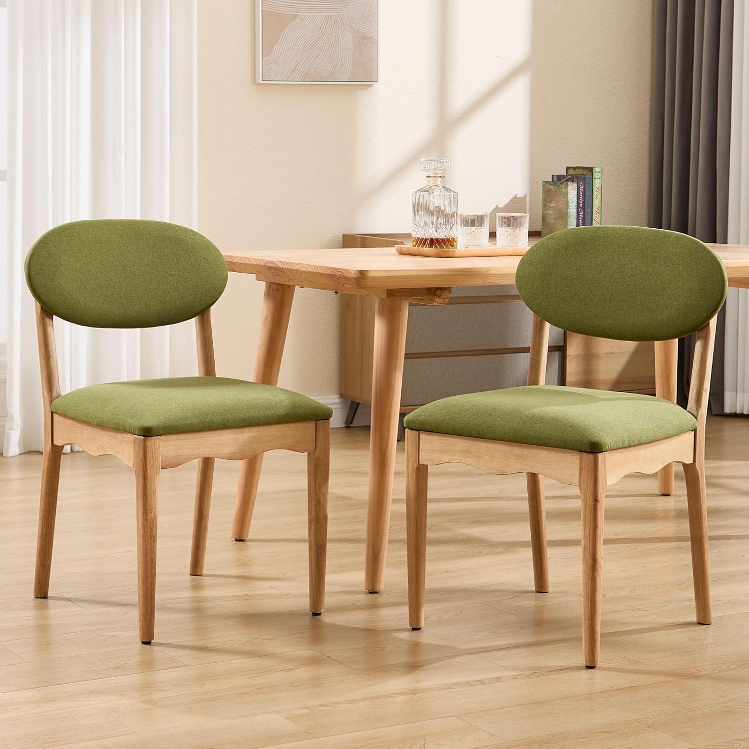 ROCITY Green Upholstered Dining Chairs Set of 2 Wood Dining Room Chairs Farmhouse Boho Kitchen Chairs Linen Fabric Natural Oak Wood