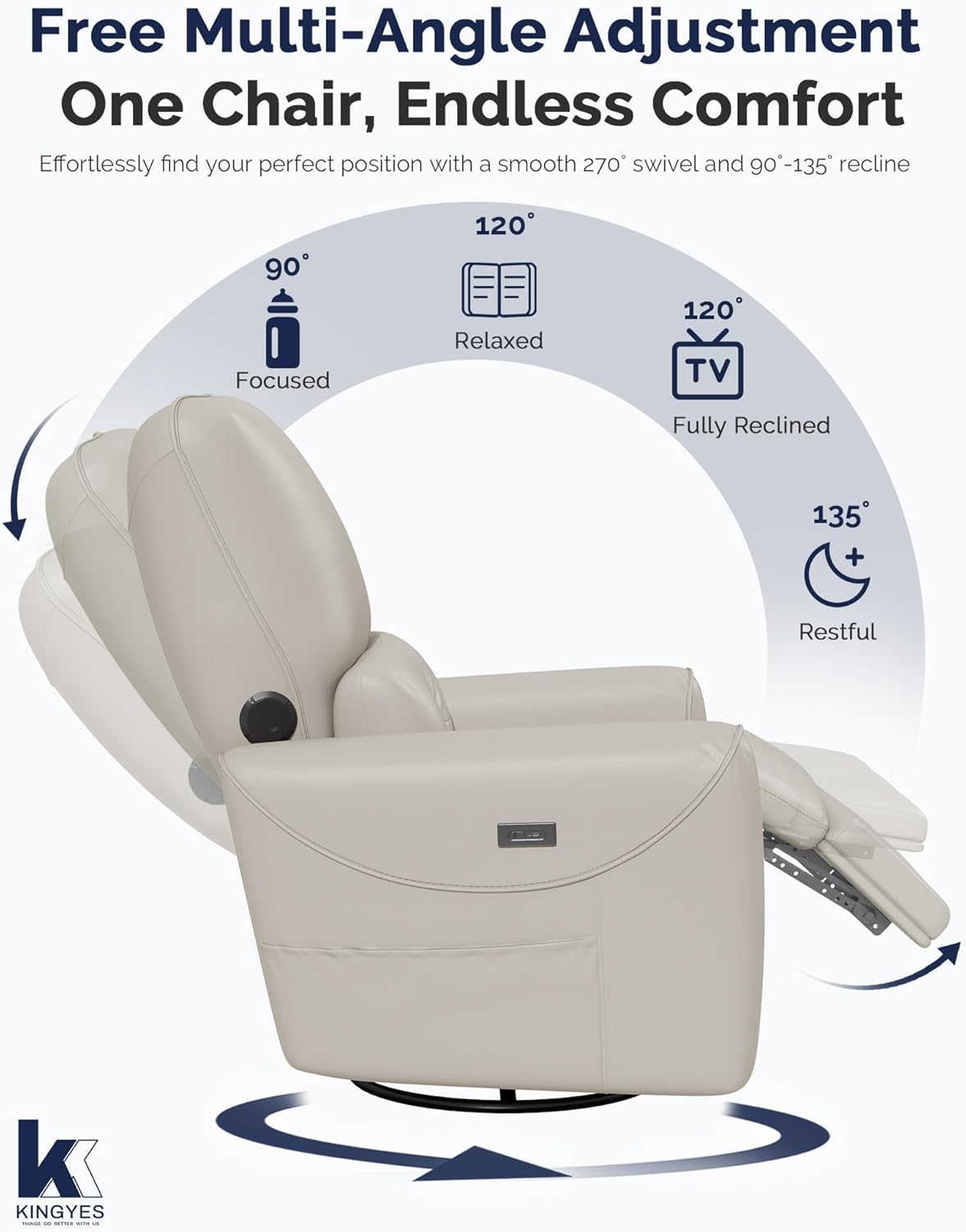 KINGYES Nursery Recliner Rocking Chair, 270° Swivel Glider, with Bluetooth Speaker & USB-C Port, Faux Leather Nursery Rocking Chair, Gray