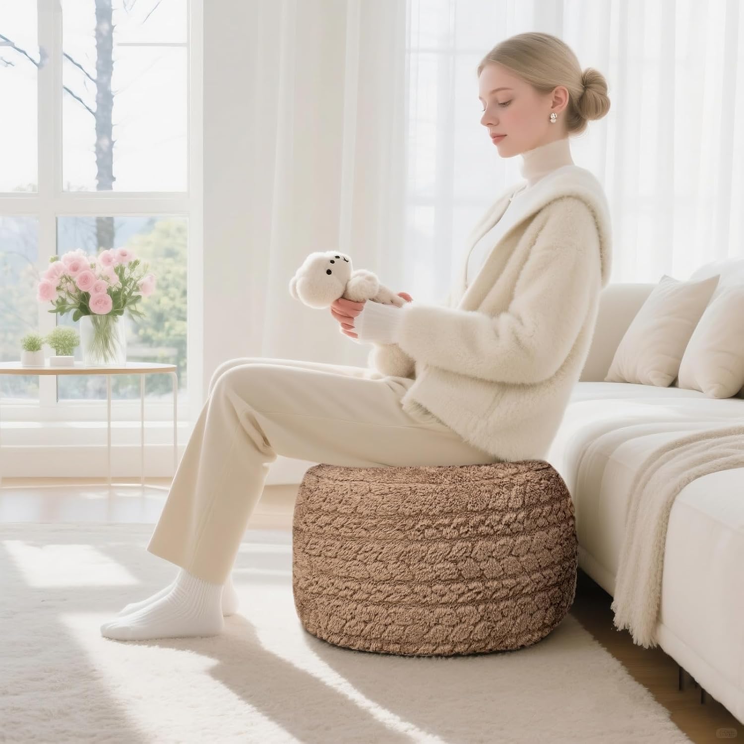 Round Pouf Ottoman 20 x 20 x 14 Inches Boho Poof Home Decor Floor Pouffe Ottoman Foot Rest for Couch Sofa Bean Bag Chairs Living Room Bedroom (Tan)