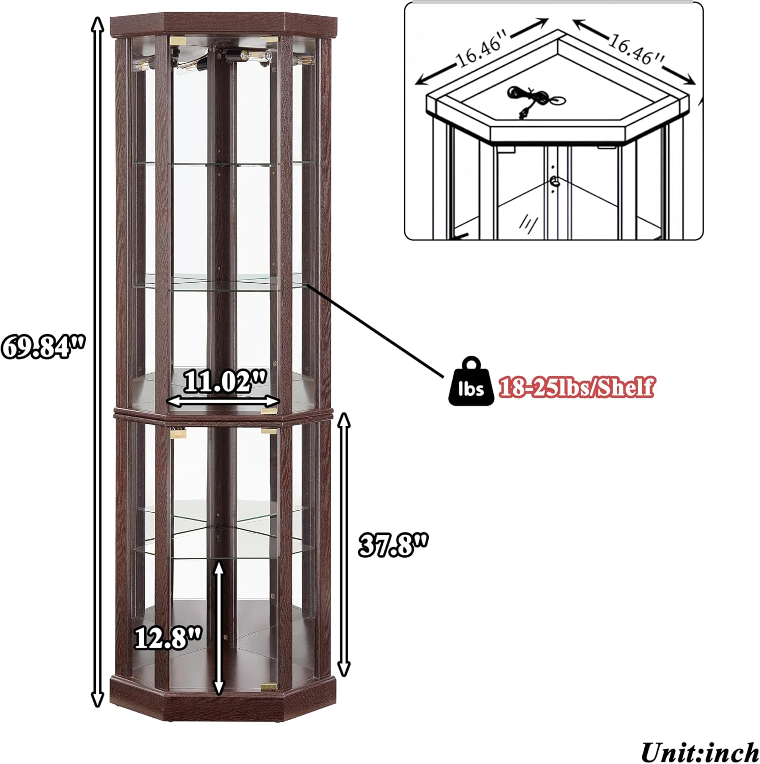 69" H Lighted Corner Display Cabinet, Curio Corner Glass Cabinet w/Adjustable Shelves & Glass Door, 5-Tier Wooden Storage Display Case w/Mirrored Back Pane for Living Room
