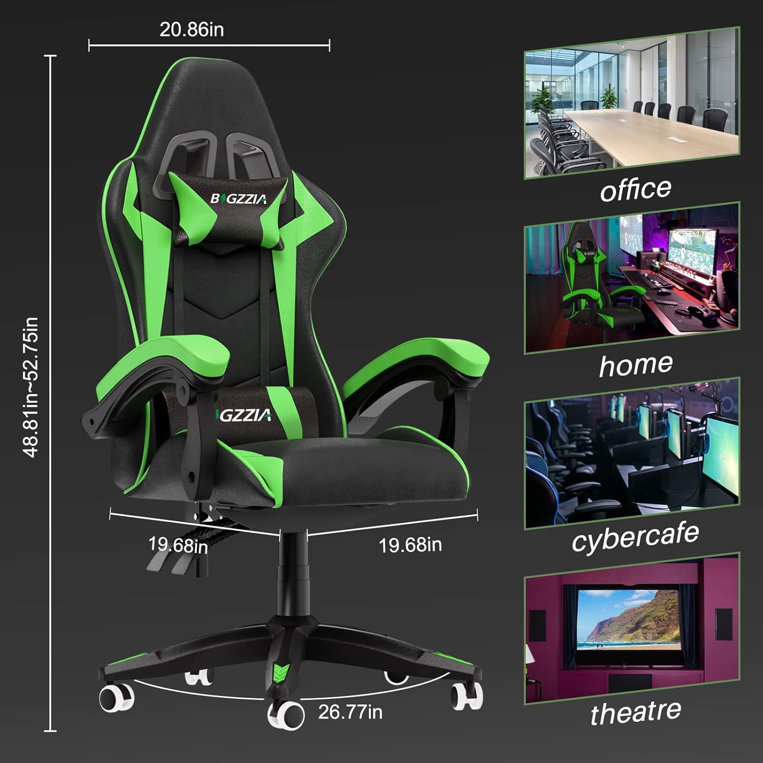 Racingreat Gaming Chair High Back, Ergonomic Computer Gamer Chair with Headrest and Lumbar Support, Racing Style Reclining Game Chair for Adults, Kids (Green-Black)