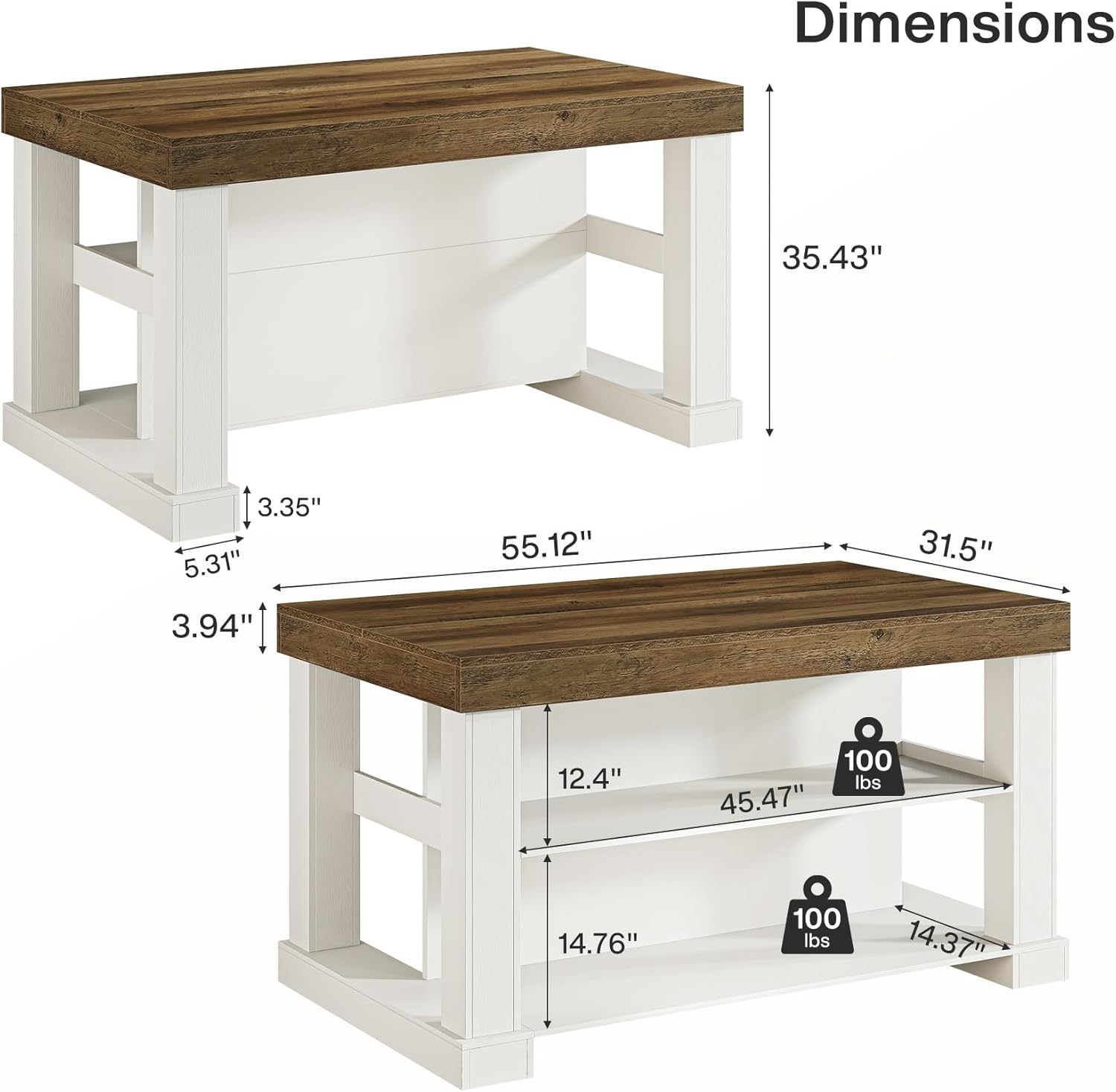 Tribesigns 55" Kitchen Island with Seating and Storage, 3-Tier Farmhouse Wood Stationary Island Table with Large Worktop & Leg Room, Coffee Bar Table with Storage Shelves for Kitchen, White and Brown