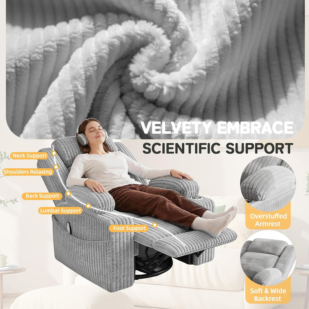 EROMMY Power Oversized Swivel Rocker Recliner with Massage and Heat, Nursery Rocking Chairs for Living Room, Comfy Glider Chair with Cup Holders, Armrest Storage,USB&Type-C Ports,Grey