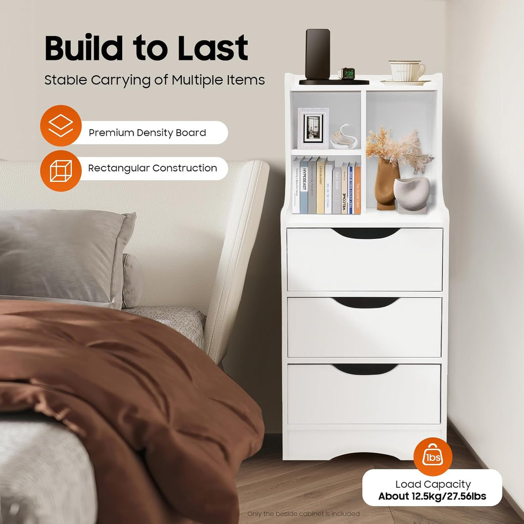 Nightstand White Bedside Table with 3 Drawers & 3 Open Bookshelf End Table Modern End Side Table Storage Cabinet for Living Room, Bedroom, Study Room, 14.56L*11.81W*33.46H inch
