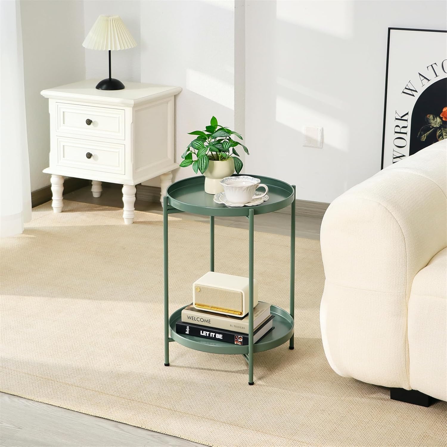 2-Tier Round End Side Table, Small Metal Side Table with Removable Tray, Folding Accent Tables for Living Room, Balcony, Nightstand for Bedroom, Outdoor Tables for Patio, Sage Green