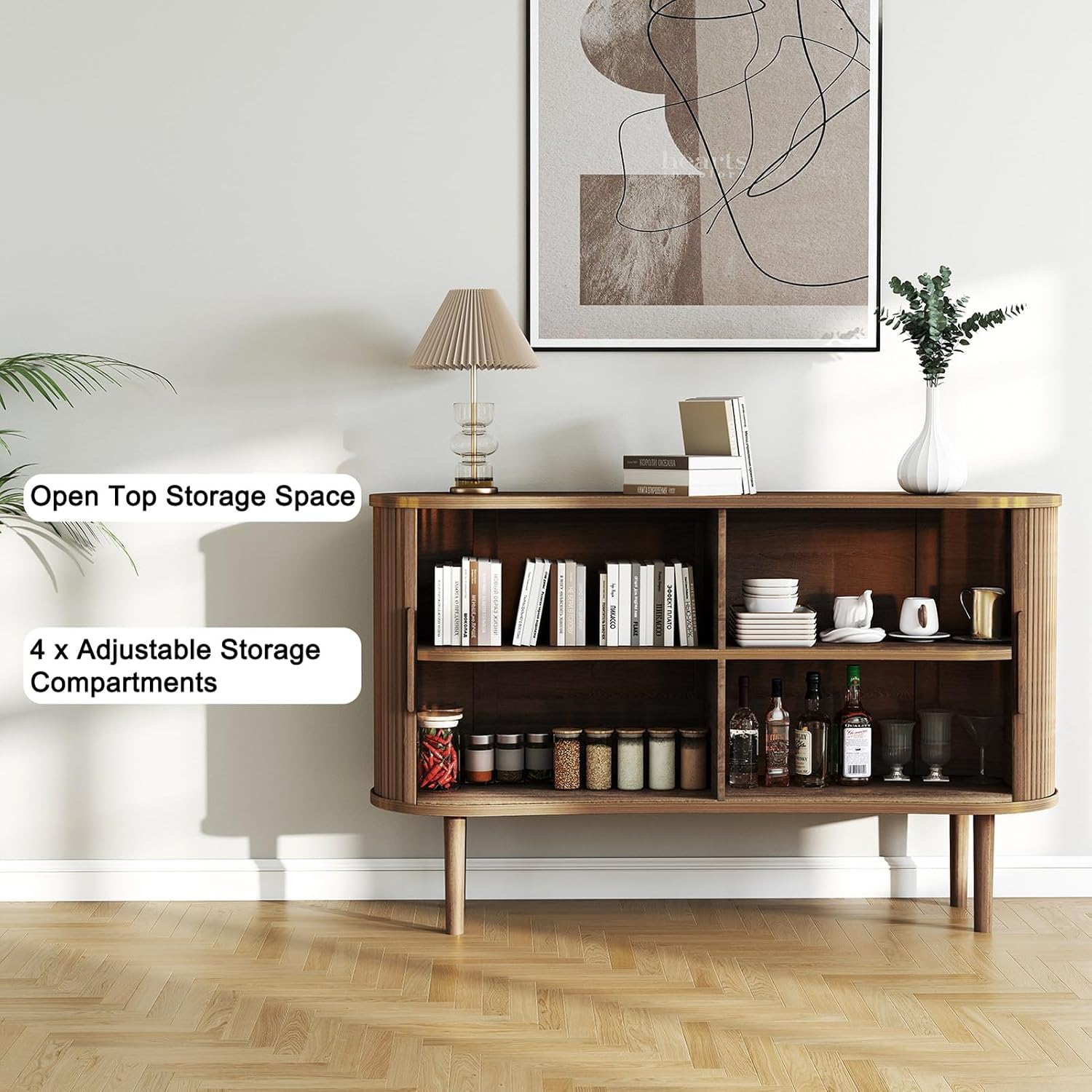 Mid-Century Modern Sideboard Buffet Cabinet, 55" Storage Cabinet with 4 cabinets, Decorative Fluted Sliding Doors for Bedroom Dining Room Small Space, Walnut Finish, Walnut