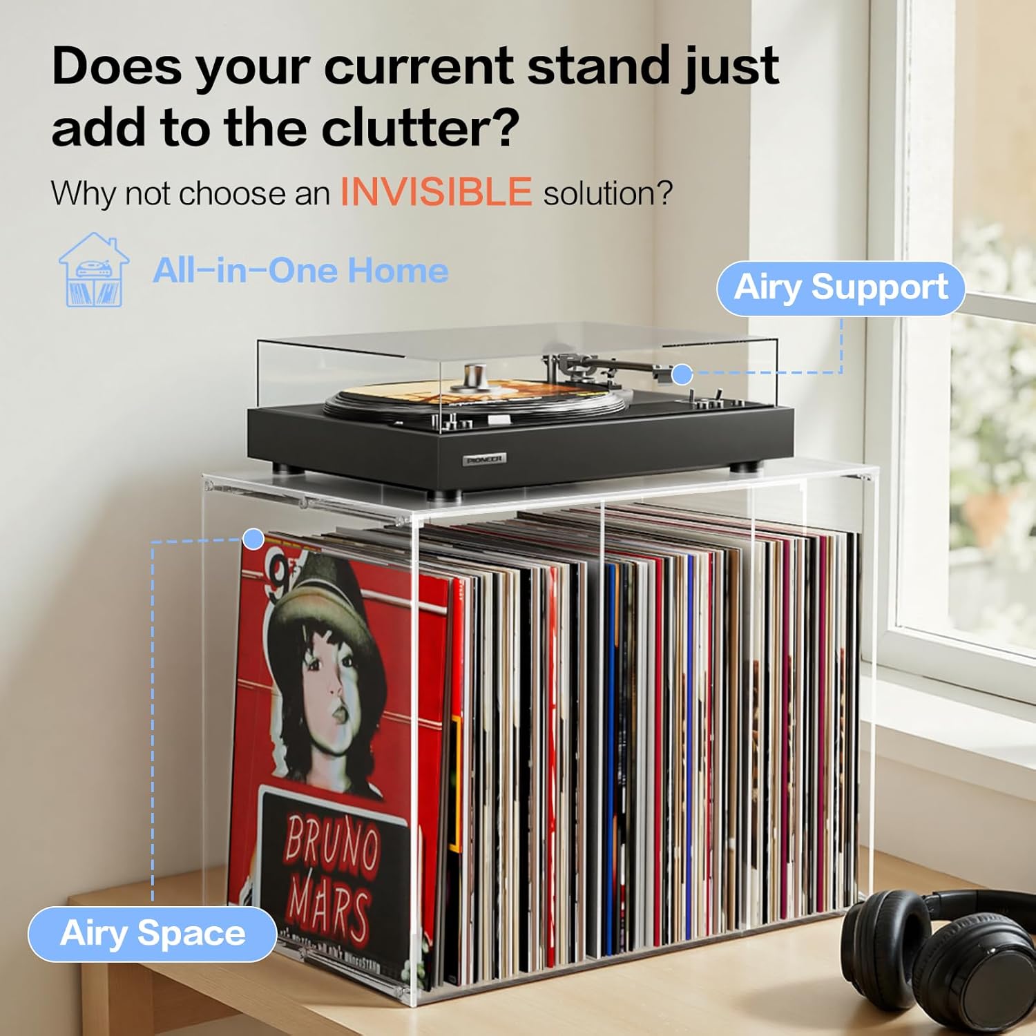 Bikoney Stackable Cube Acrylic Vinyl Record Storage, Tabletop Record Player Stand with Divided Vinyl Shelf, Vinyl Holder & Album Storage Box Crate Bin, Clear