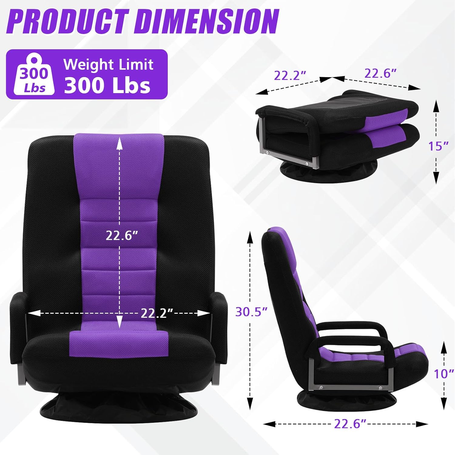 Swivel Gaming Chair Multipurpose Floor Gaming Chair for Playing Video Games, TV, Reading w/Armrest Lumbar Support & 6 Adjustable Postion Backrest for Adults,Purple