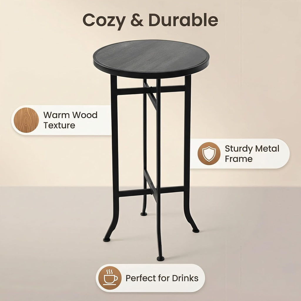 Round Wood Bar Table & Counter Height Table Industrial Metal Bistro Pub Table for Kitchen, Indoor Outdoor Patio, Small Spaces