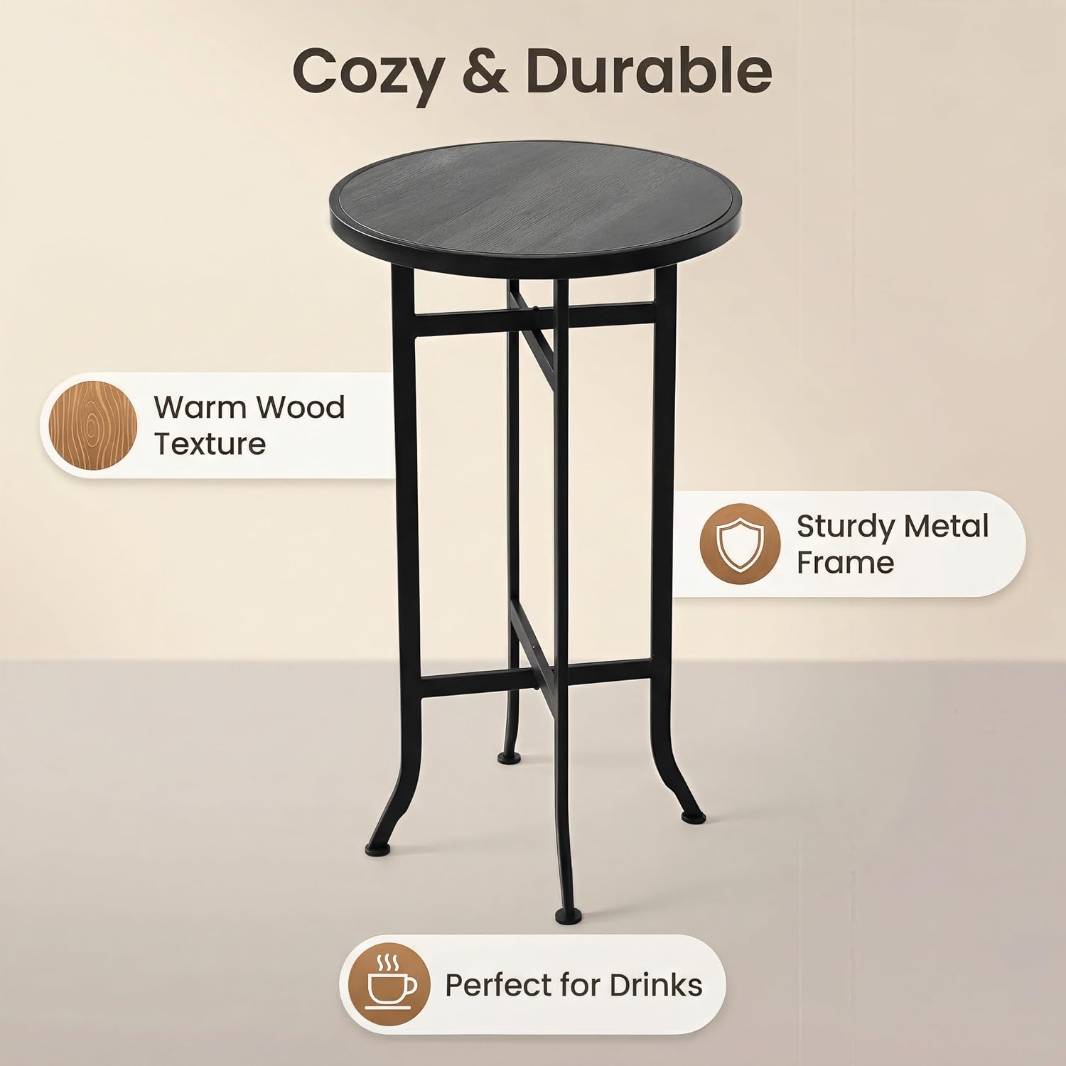 Round Wood Bar Table & Counter Height Table Industrial Metal Bistro Pub Table for Kitchen, Indoor Outdoor Patio, Small Spaces