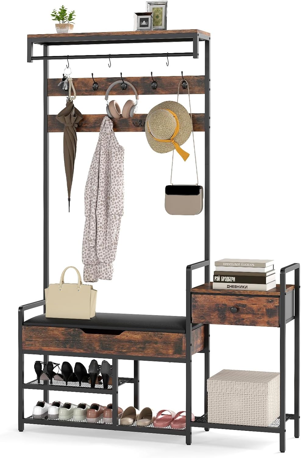 Tangkula Hall Tree with Bench and Shoe Storage, Industrial Coat Rack with Shoe Storage, 12 Hooks & Drawer, Multifunctional Shoe Rack with Cushioned Seat & Hanging Rod for Entryway, Bedroom, Hallway