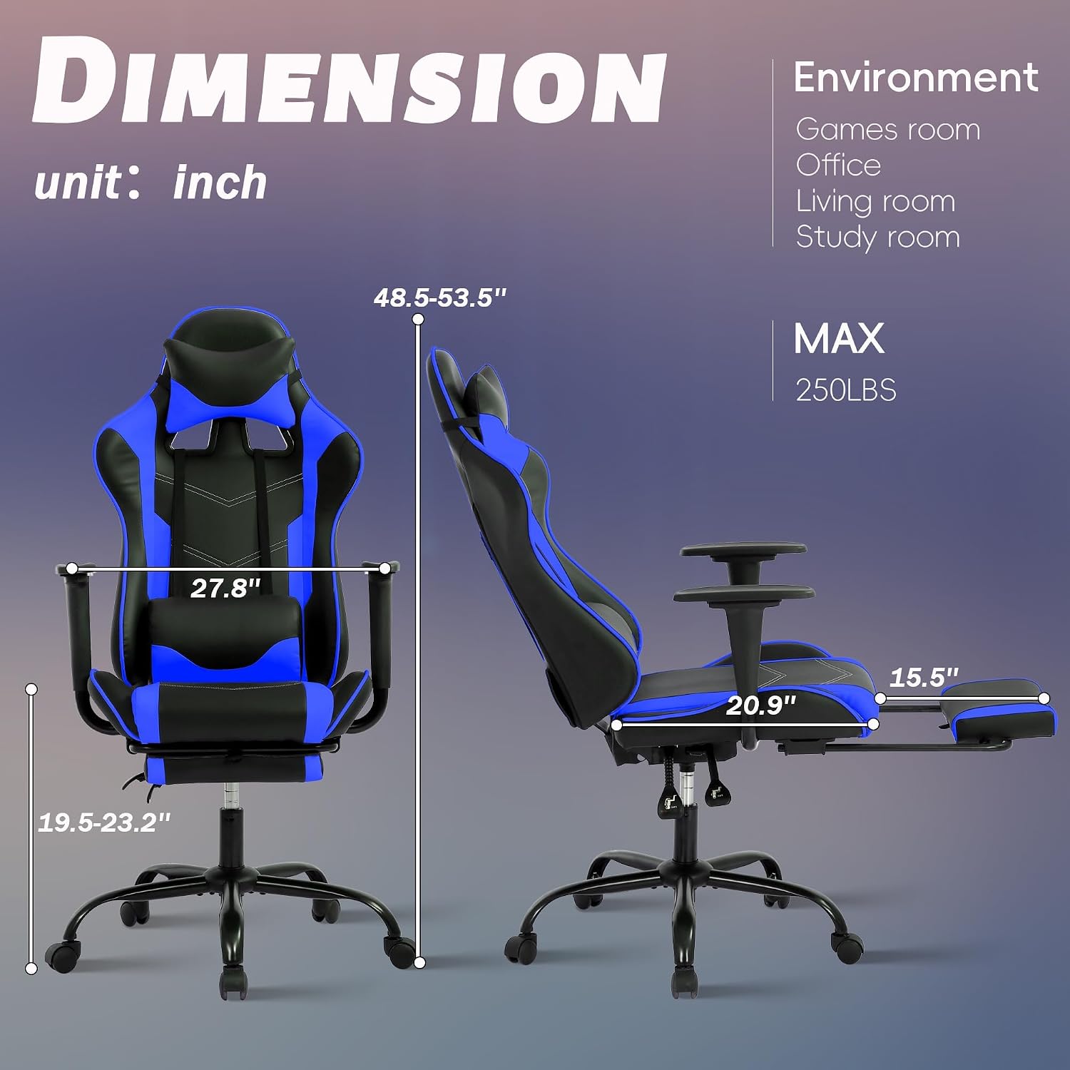 Gaming Chair, High Back PU Leather Gaming Chairs Computer Chair with Headrest & Lumbar Support, Height Adjustable Wide Seat Gaming Chairs for Adults, Game Chair with Footrest & Armrest (Blue)