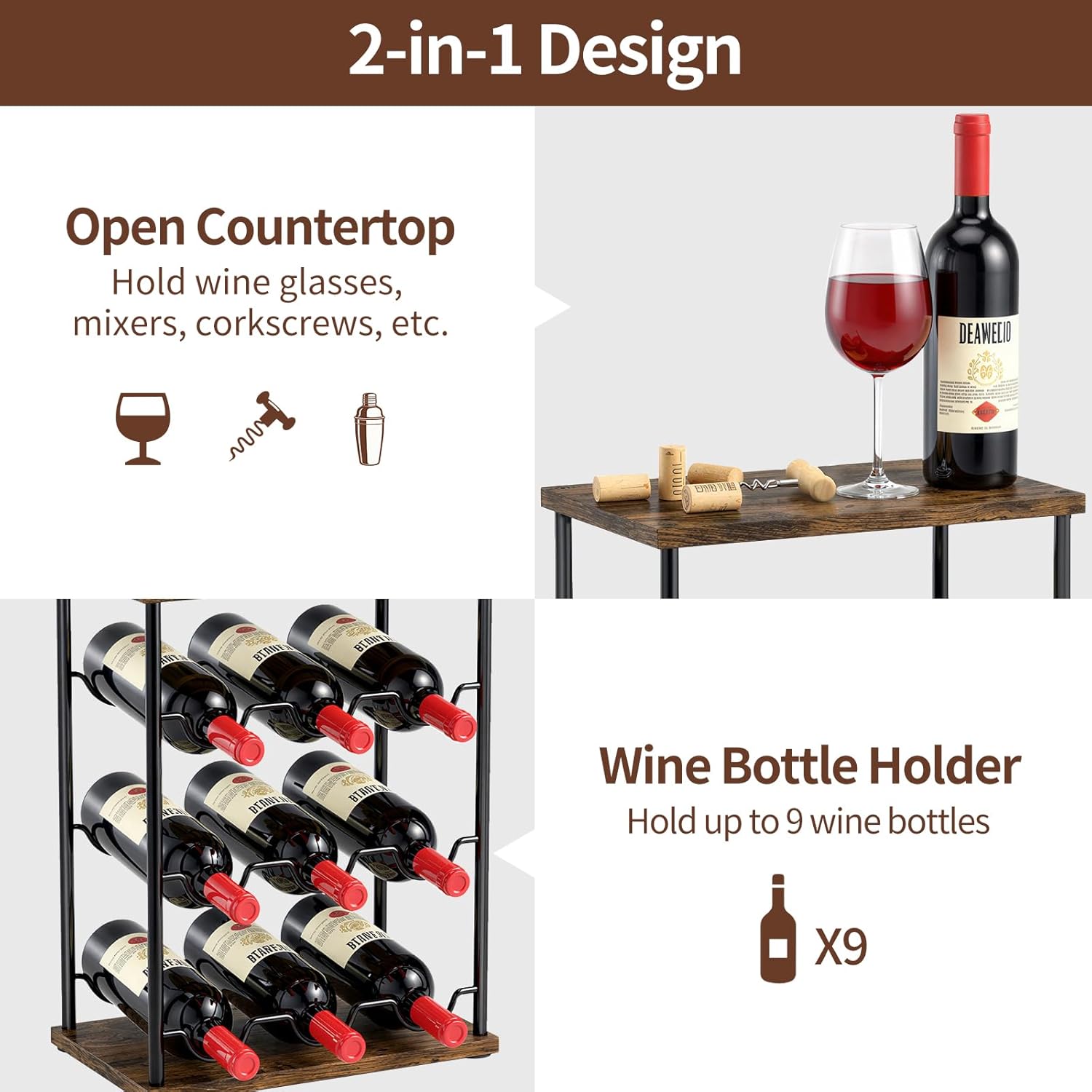 Nuovoware Wine Racks Countertop, Wine 9 Bottles Holder, Metal Wine Storage Organizer for Kitchen, Bar, Table, Cabinet, Wine Cellar, Vintage Brown
