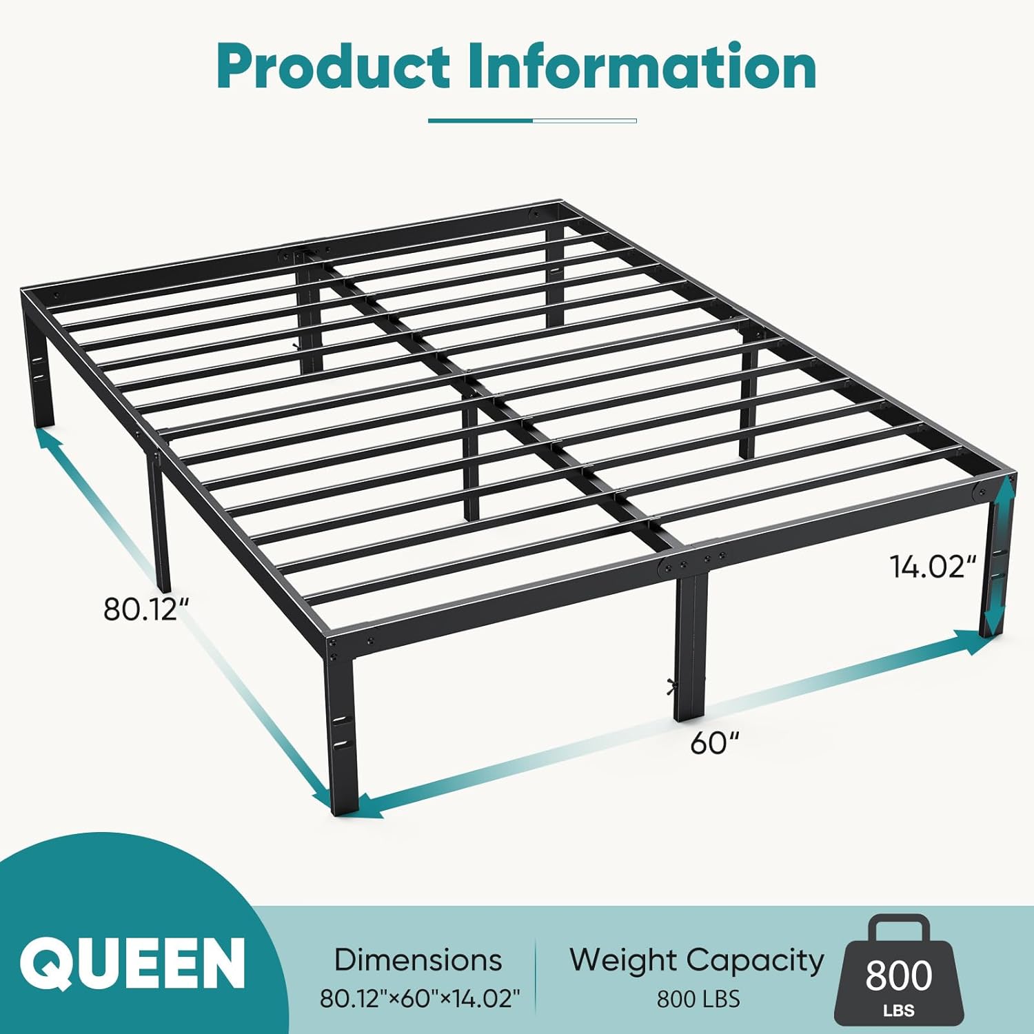 OLIXIS Metal Queen Bed Frame - 14in High with Storage Space, No Box Spring Needed with Sturdy Steel Slat Support, 2200LBS Heavy Duty for Easy Assembly, Black for Bedroom