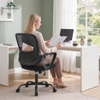 Home Office Desk Chair, Ergonomic Mid-Back Mesh Computer Task Chair with Comfortable Lumbar Support, Height Adjustable Swivel with Fixed Armrest for Adults, Student, Black