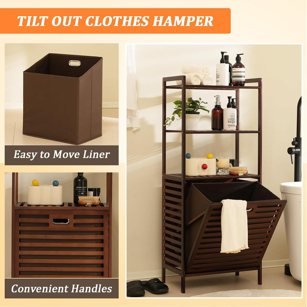 Baveke Bamboo Laundry Hamper with 3 Tier Shelves, Tilt Out Laundry Basket with Removable, Bathroom Storage Cabinet for Dirty Clothes, Hidden Corner Laundry Hamper for Bedroom, FSC-Certified, Brown