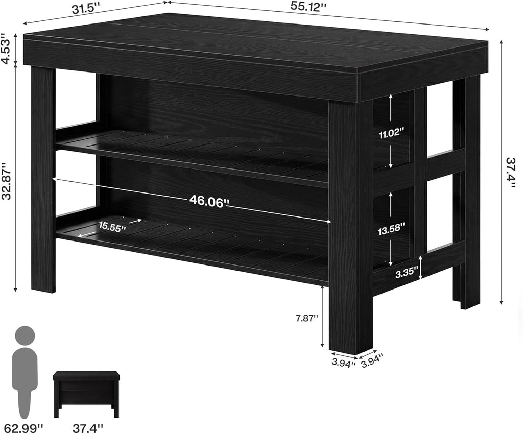 Tribesigns Kitchen Island with Seating and Storage Shelves, 55.1-Inch Breakfast Counter Farmhouse Island Table for Kitchen Dining Room (Black)