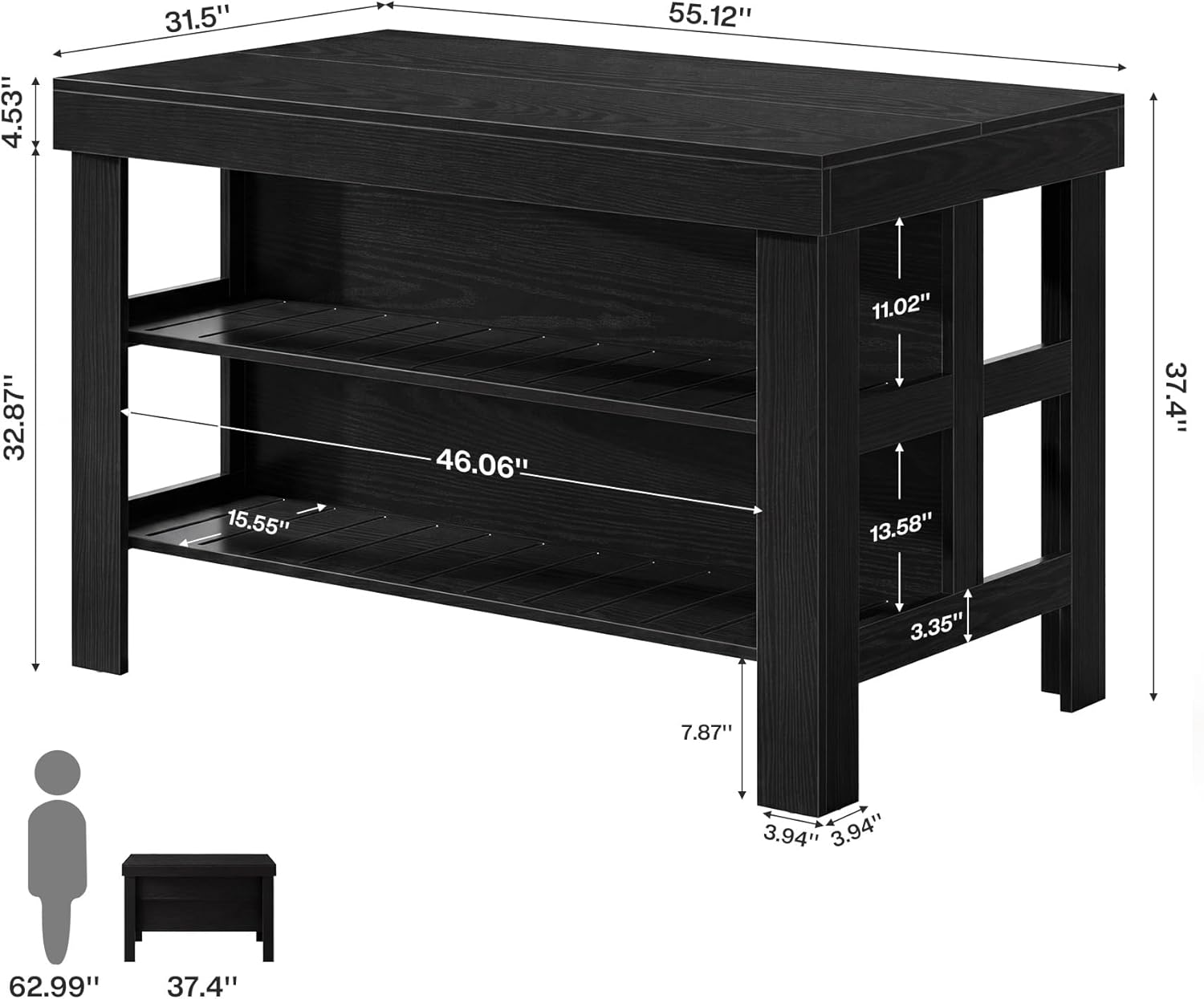 Tribesigns Kitchen Island with Seating and Storage Shelves, 55.1-Inch Breakfast Counter Farmhouse Island Table for Kitchen Dining Room (Black)