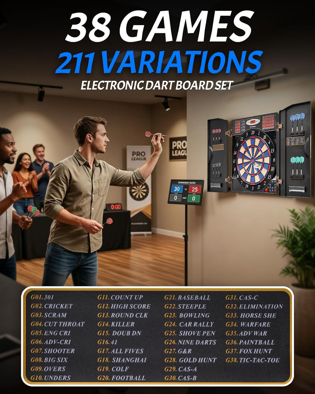 WIN.MAX Electronic Dart Board Cabinet Set for Adults, Black | LED Scoring, 38 Games & 211 Variants, Up to 16 Players, 12 Darts+40 Tips, Wall Mount for Home Bar Game Room Man Cave
