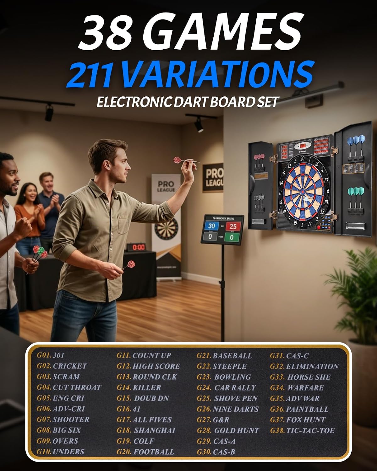WIN.MAX Electronic Dart Board Cabinet Set for Adults, Black | LED Scoring, 38 Games & 211 Variants, Up to 16 Players, 12 Darts+40 Tips, Wall Mount for Home Bar Game Room Man Cave