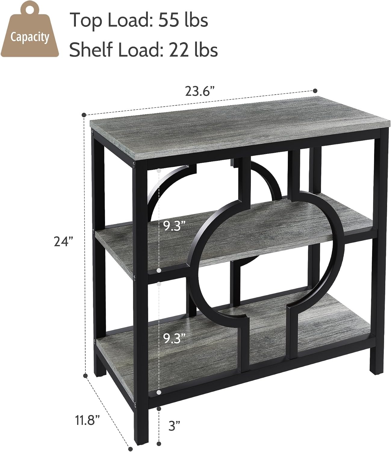 End Table, Narrow Side Table with 3-Tier Storage Shelves, Wood Sofa Side Table with Geometric Metal Frame for Living Room, Industrial Bedside Nightstand for Bedroom (1, Gray)