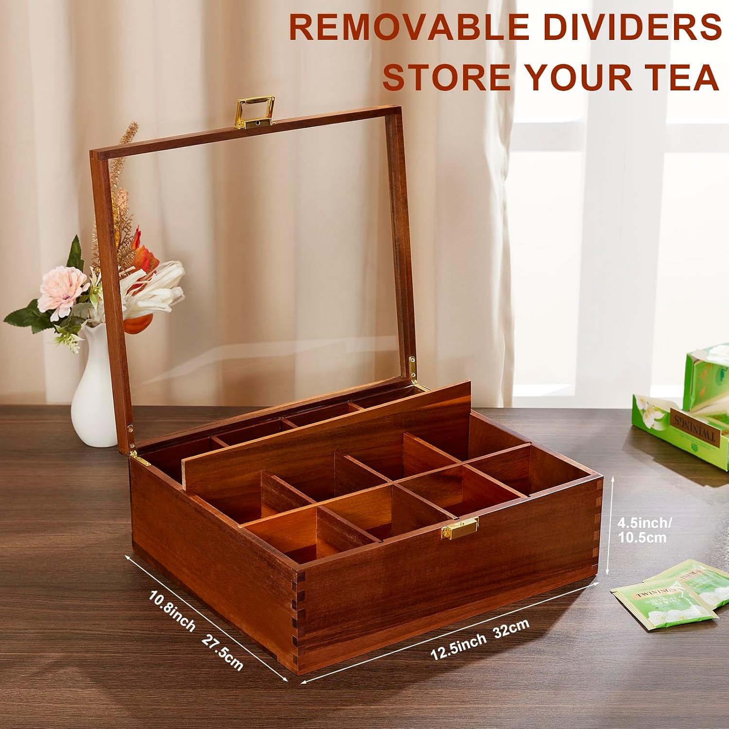 HouseJoy Wood Tea Bag Organizer: 12 Compartments with Clear Glass Lid | Acacia Wood-Large Capacity-Tea Bag Storage Holder for Countertop Kitchen Pantry-Gift For Tea Lover-Keep Tea Bag Fresh