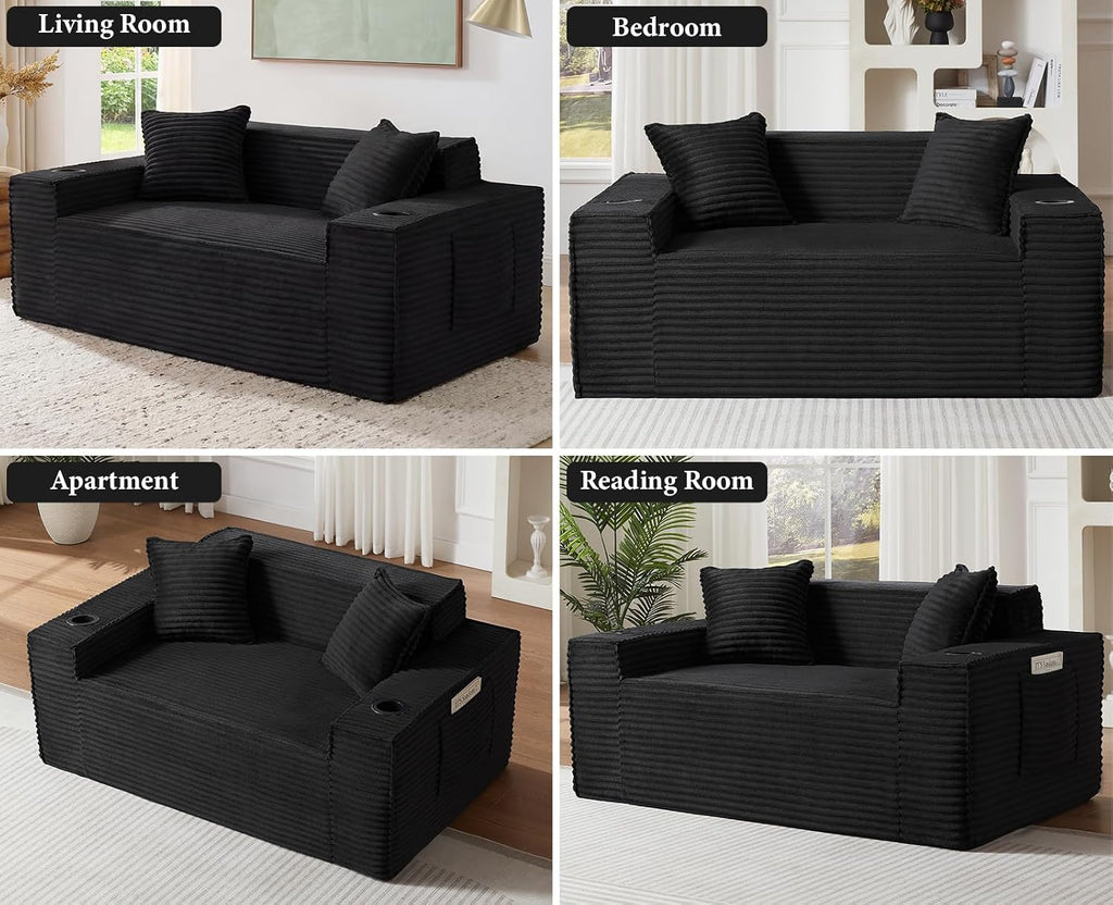 61” Boneless Loveseat Sofa, Comfy Corduroy Boneless Couch with Cup Holders & Storage Pockets, Deep Seat 2-Seater Cloud Couches for Small Space Living Room No Assembly Required, Black