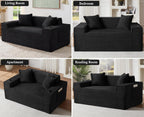 61” Boneless Loveseat Sofa, Comfy Corduroy Boneless Couch with Cup Holders & Storage Pockets, Deep Seat 2-Seater Cloud Couches for Small Space Living Room No Assembly Required, Black