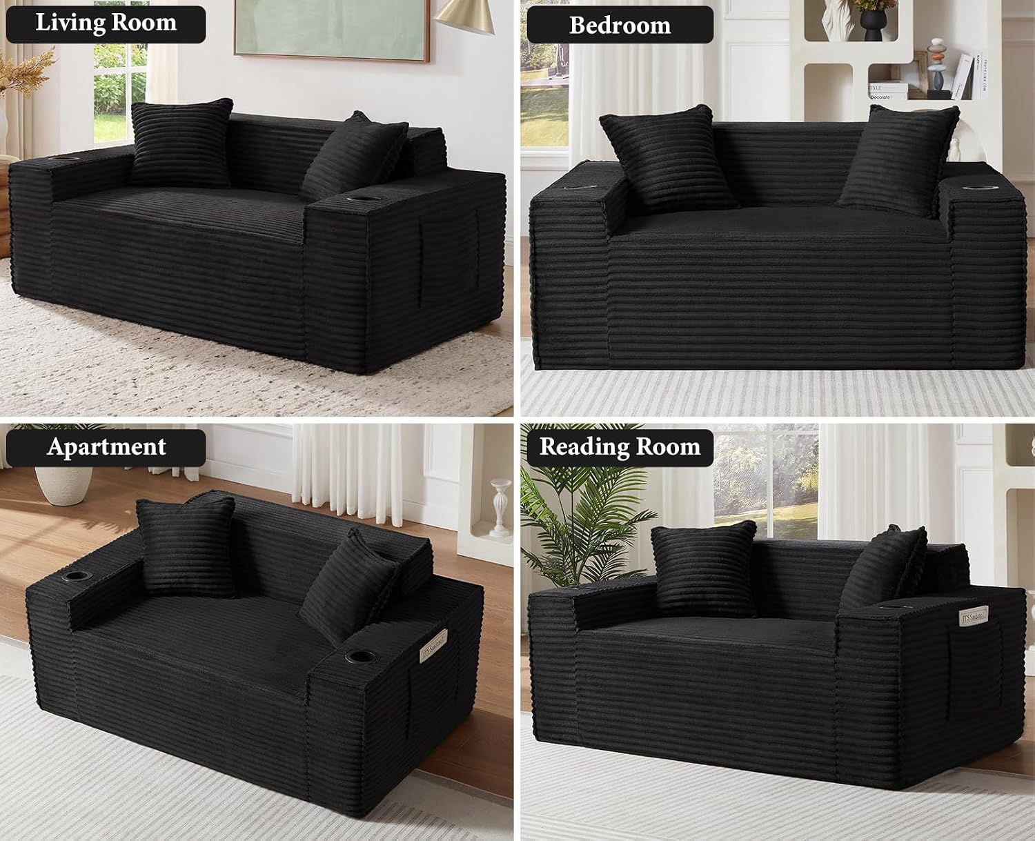 61” Boneless Loveseat Sofa, Comfy Corduroy Boneless Couch with Cup Holders & Storage Pockets, Deep Seat 2-Seater Cloud Couches for Small Space Living Room No Assembly Required, Black