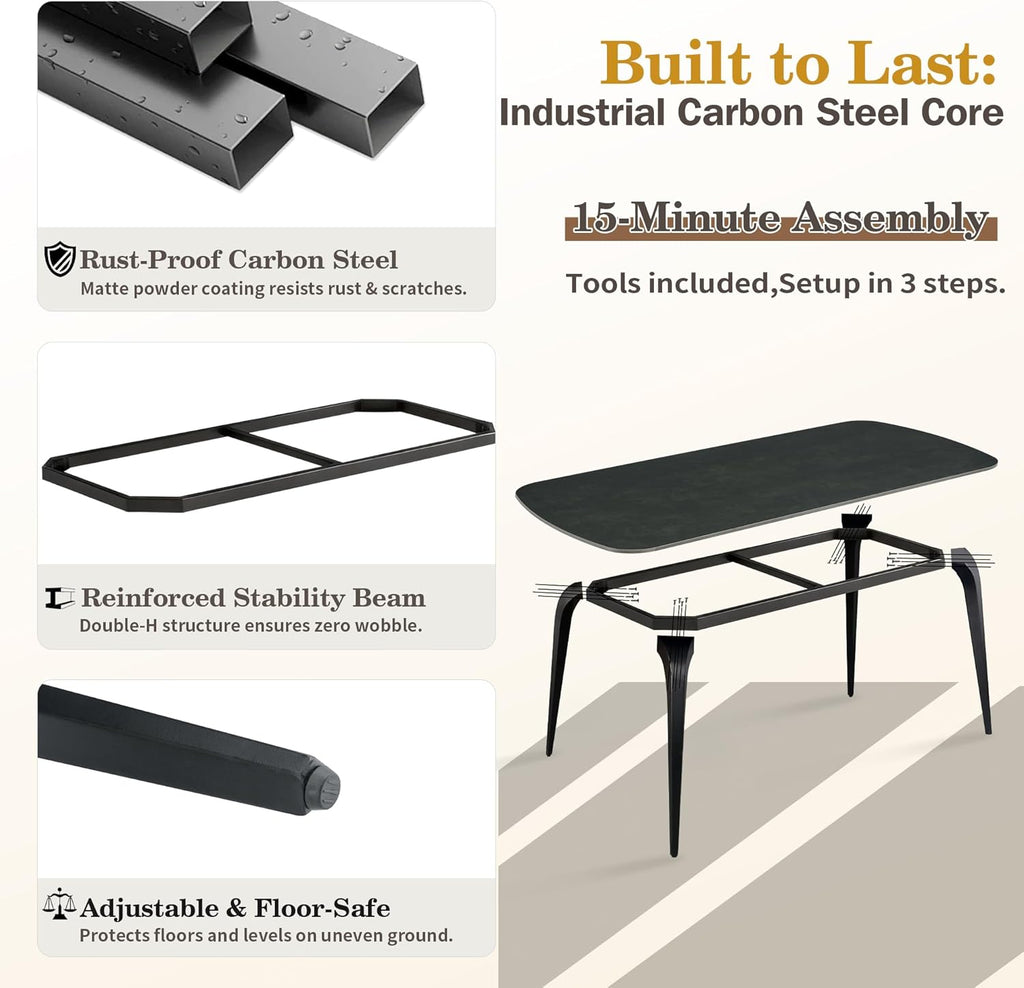Modern Dining Table Set for 6,63 inch Sintered Stone Kitchen Table and Chairs,Rectangular Dining Table Set of 6 with PU Leather Chair,7 Piece Dining Room Table Set for Kitchen, Office, Apartment