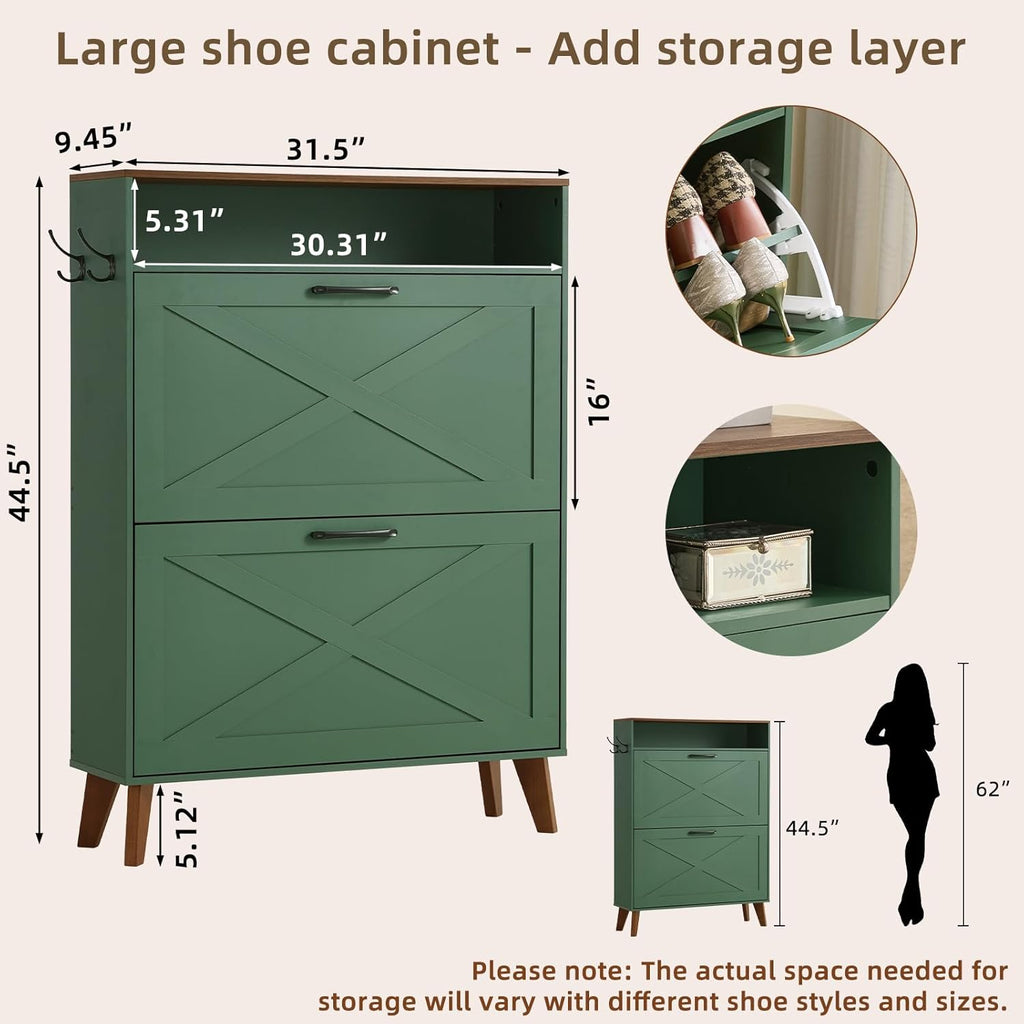Joaxswe Shoe Cabinet Storage for Entryway with 2 Flip Drawers 2 Hook Open Storage Layer Rack Narrow Organizer Slim Hidden Wood Shoe Cabinet Furniture Dark Green