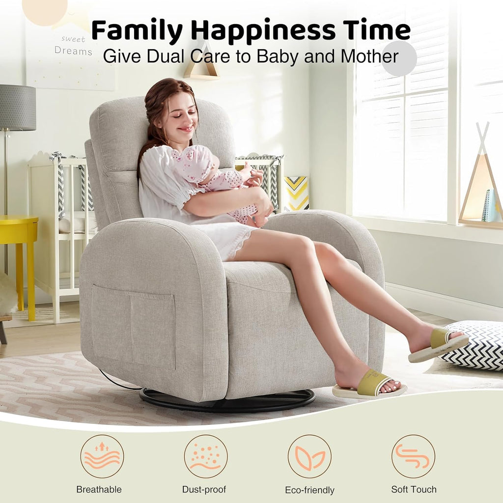 Swivel Rocker Recliner Chair, Rocking Recliner for Nursery with Side Pockets, Manual Swivel Reclining Nursery Glider Chair for Breastfeeding Living Room, Camel Chenille
