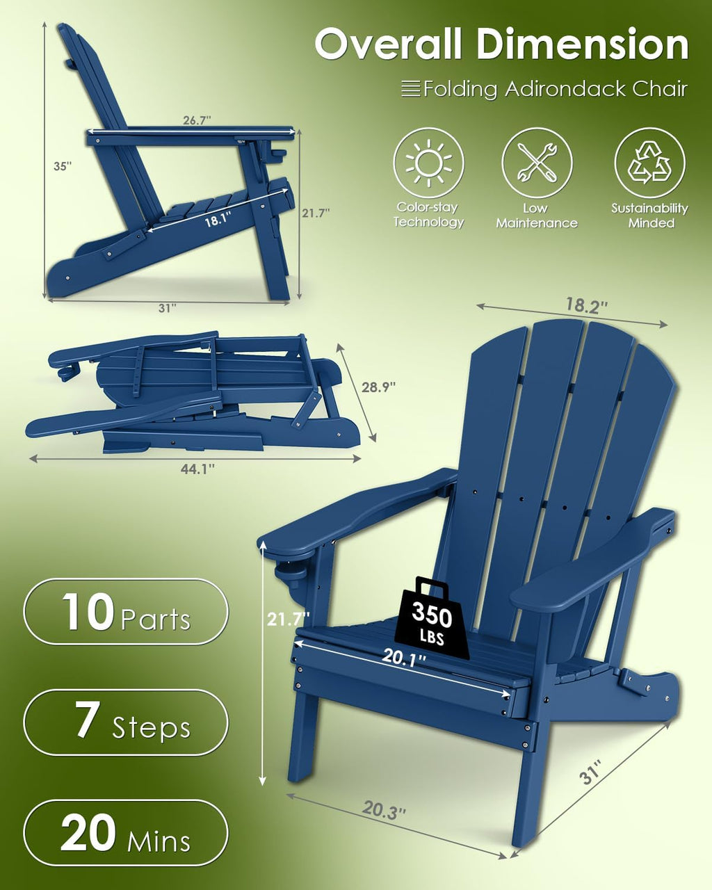 GREENVINES Folding-Adirondack-Chairs-Set-of-2 | w/Cup Holder | HDPE Plastic | All-Weather Patio Fire Pit Chairs | for Outdoor Poolside Deck | Blue