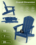 GREENVINES Folding-Adirondack-Chairs-Set-of-2 | w/Cup Holder | HDPE Plastic | All-Weather Patio Fire Pit Chairs | for Outdoor Poolside Deck | Blue
