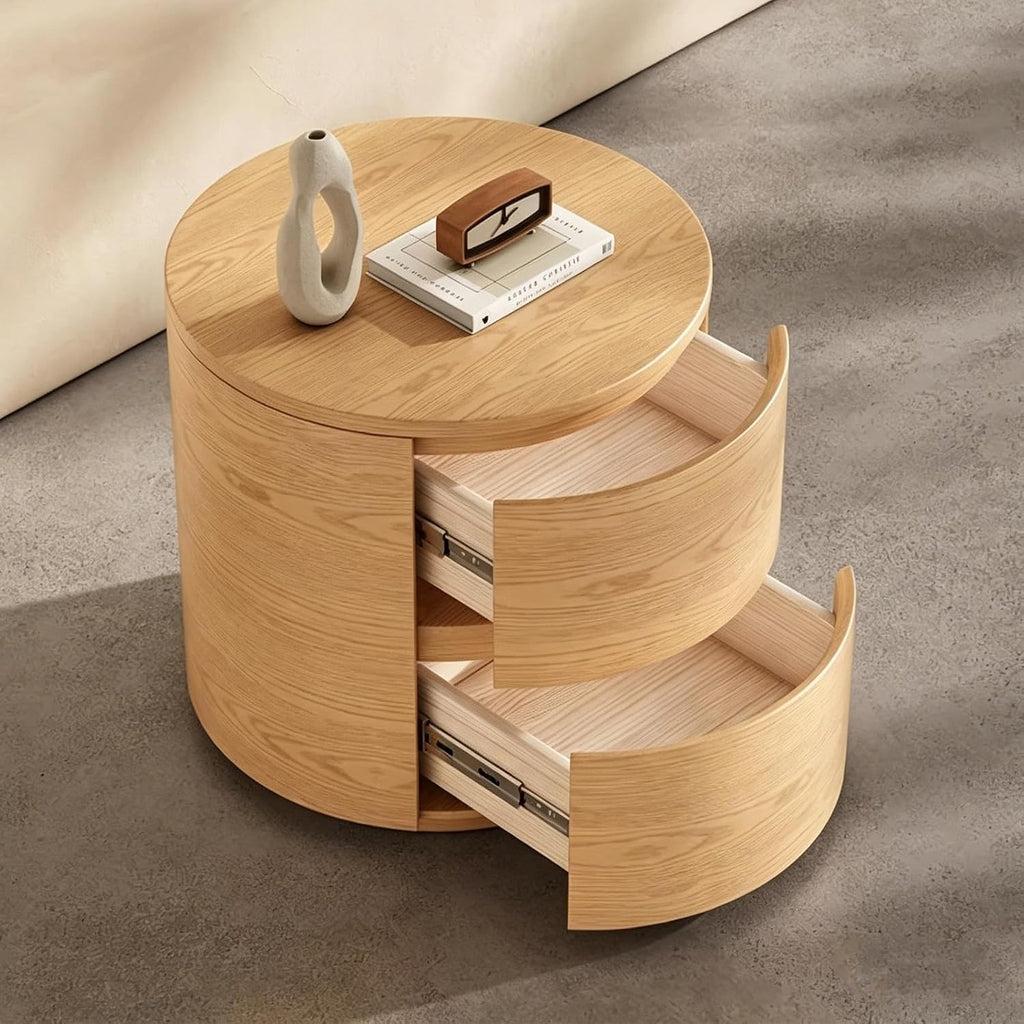 Round End Tables Living Room, End Table with 2 Drawers, Sofa Side Table with Storage, Nightstand for Bedroom, Living Room(White,45cm)
