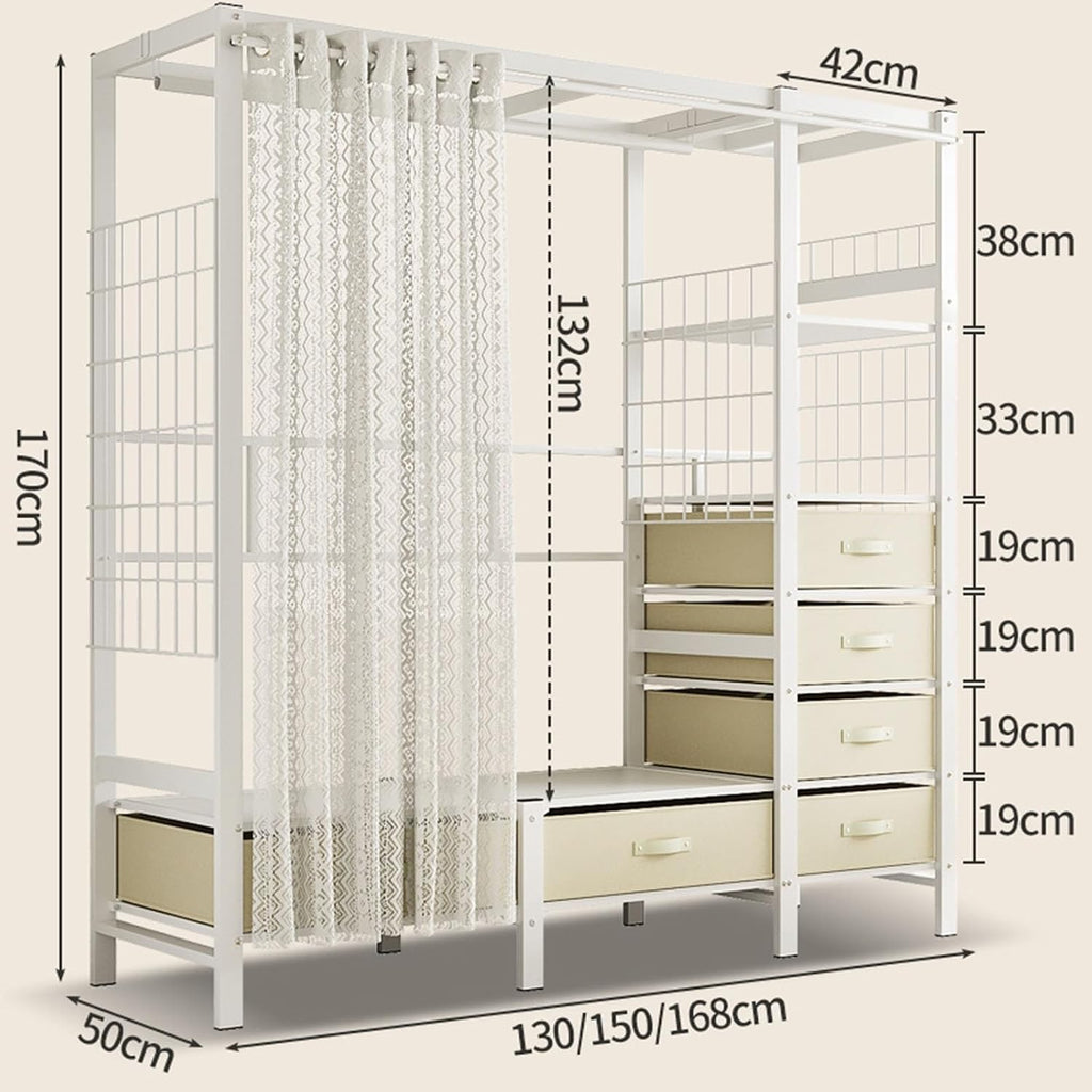 Heavy-Duty Clothes Rack Wardrobe with Curtain Large Walk-in Closet for Bedroom 4 Open Shelves & 6 Drawers Stylish White -Saving Design (168x50x170cm)
