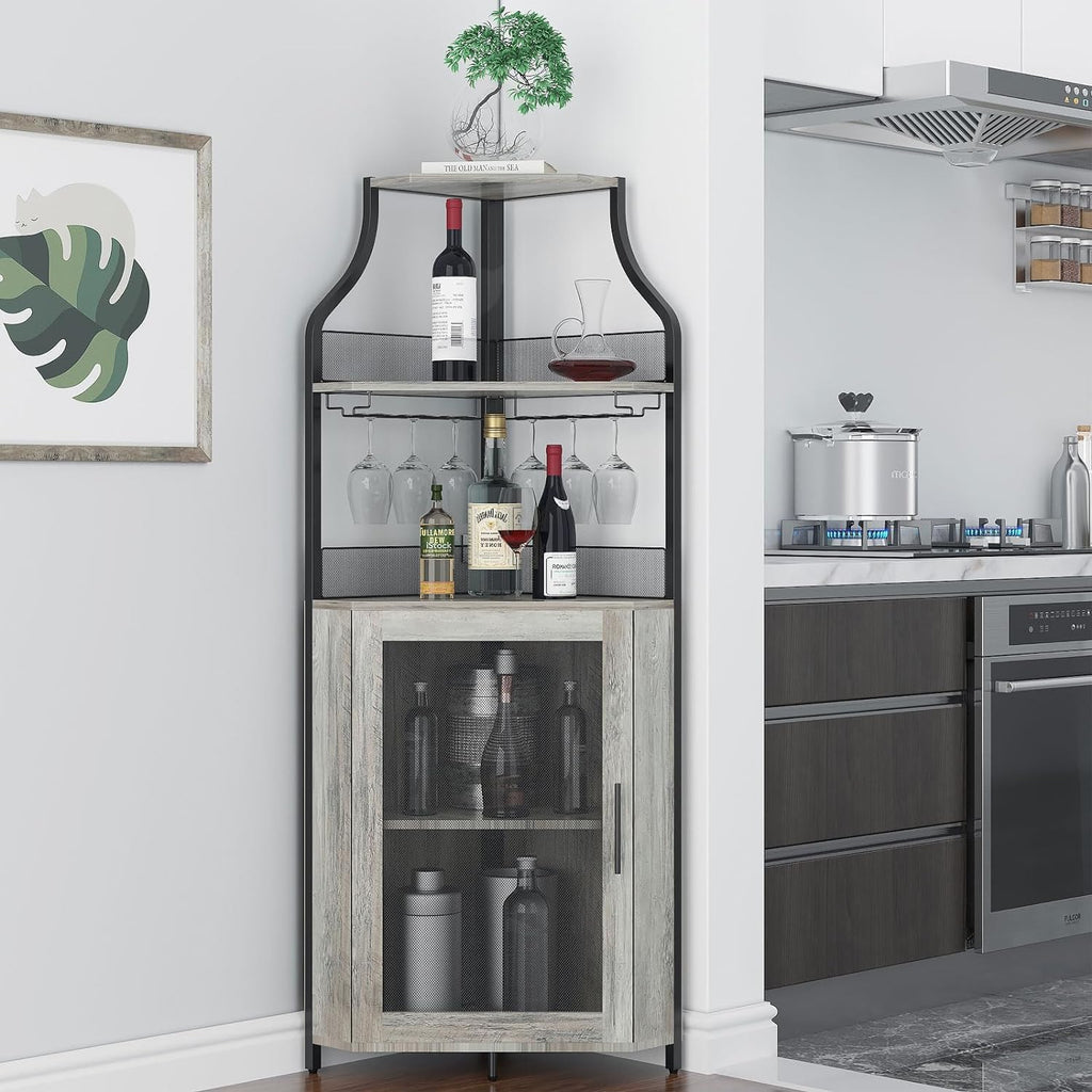 IDEALHOUSE Corner Wine Bar Cabinet with Large Storage Space and Detachable Wine Rack, Bar Cabinet with Glass Holder and Mesh Door, 4-Tier Liquor Cabinet Bar, Grey