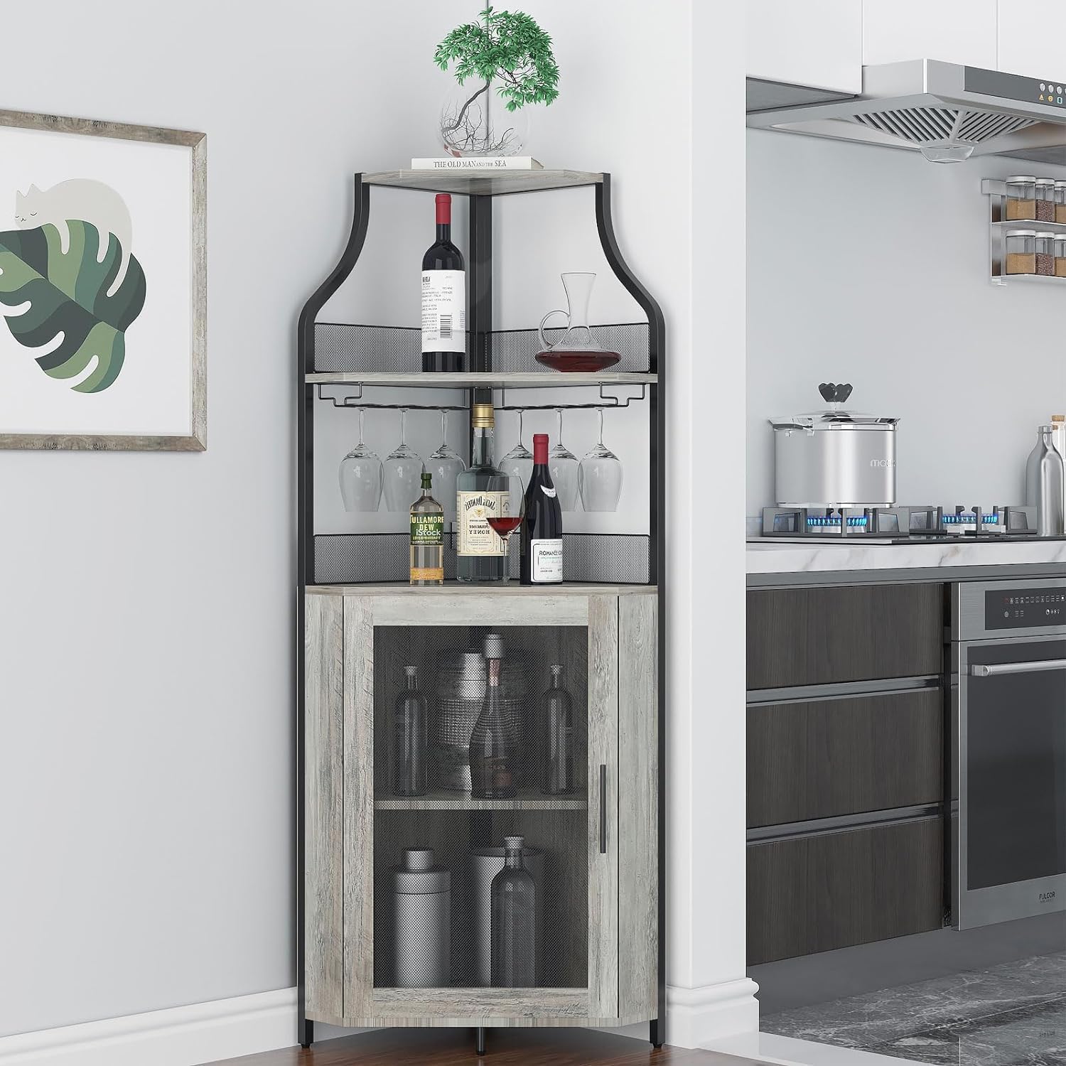 IDEALHOUSE Corner Wine Bar Cabinet with Large Storage Space and Detachable Wine Rack, Bar Cabinet with Glass Holder and Mesh Door, 4-Tier Liquor Cabinet Bar, Grey