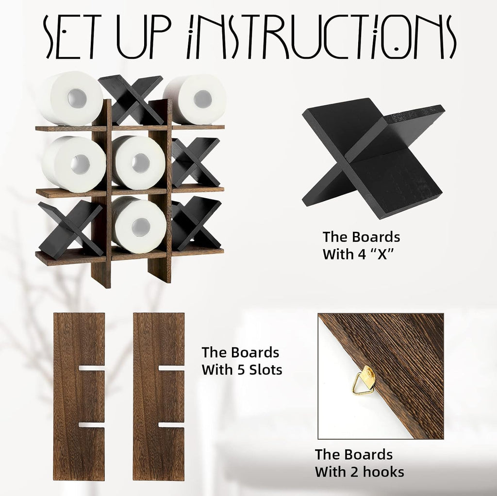 Weysat Tic Tac Toe Toilet Paper Holder Stand Bathroom Wall Decor Rustic Wooden Hanging Storage Freestanding Wall Mounted Shelves Decor for Toilet Tissue Farmhouse